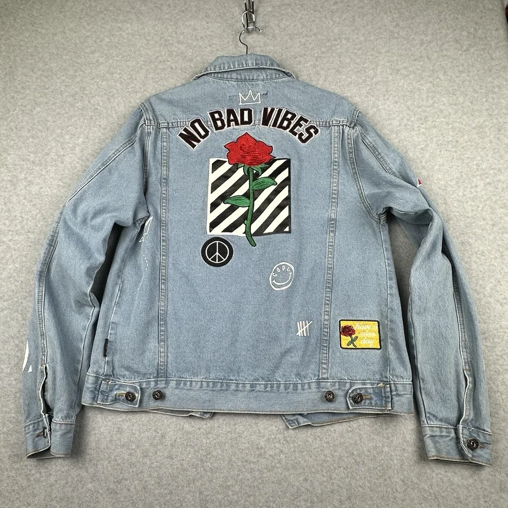 Brooklyn Cloth Denim Jacket‎ Unisex S Graffiti NO BAD VIBES Rose Embroidered